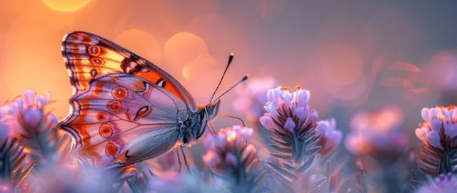 A butterfly perched on a purple wildflower with a warm sunrise bokeh background.