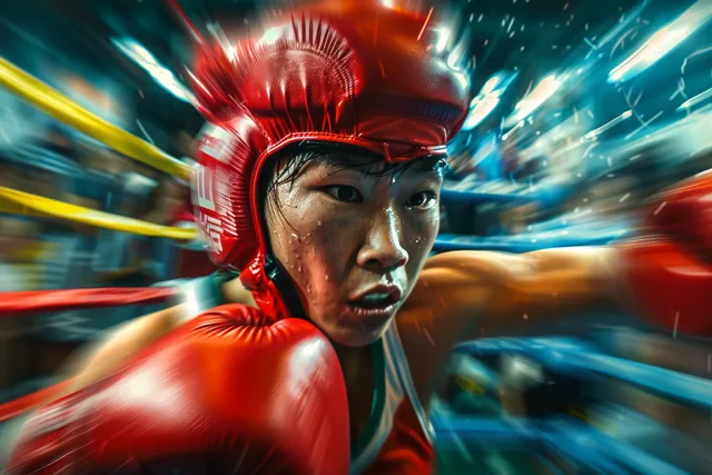 A female boxer delivers a powerful punch in a vibrant arena filled with an energetic crowd and dramatic motion blur.