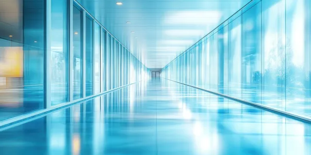 Blue-lit glass corridor inside an office with reflections and blurred city view through windows.