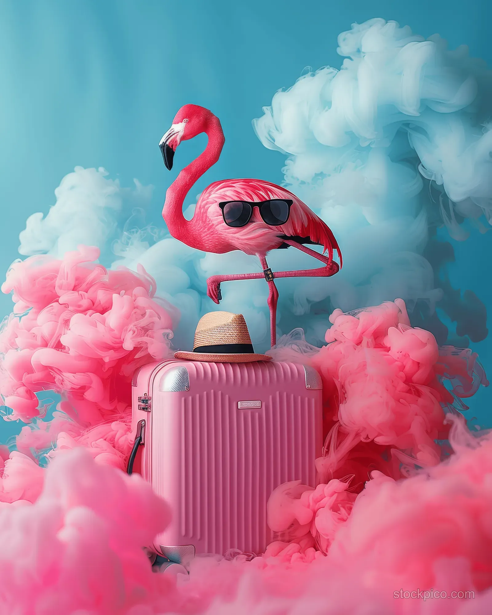 Pink flamingo wearing sunglasses perched on a travel suitcase surrounded by pink flamingo-shaped smoke against a pastel blue sky.