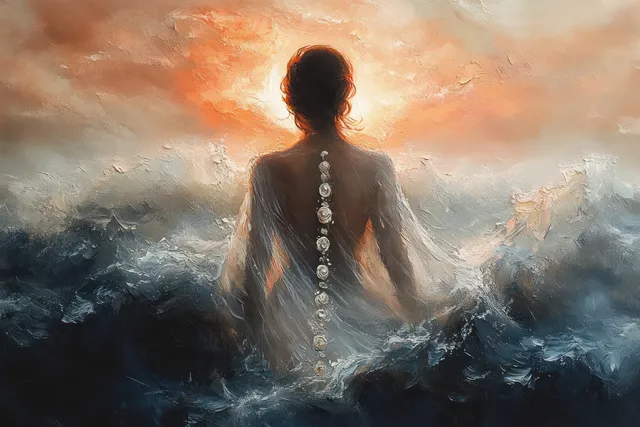 Surreal back-view woman with glowing pearls on spine at sunrise over stormy ocean