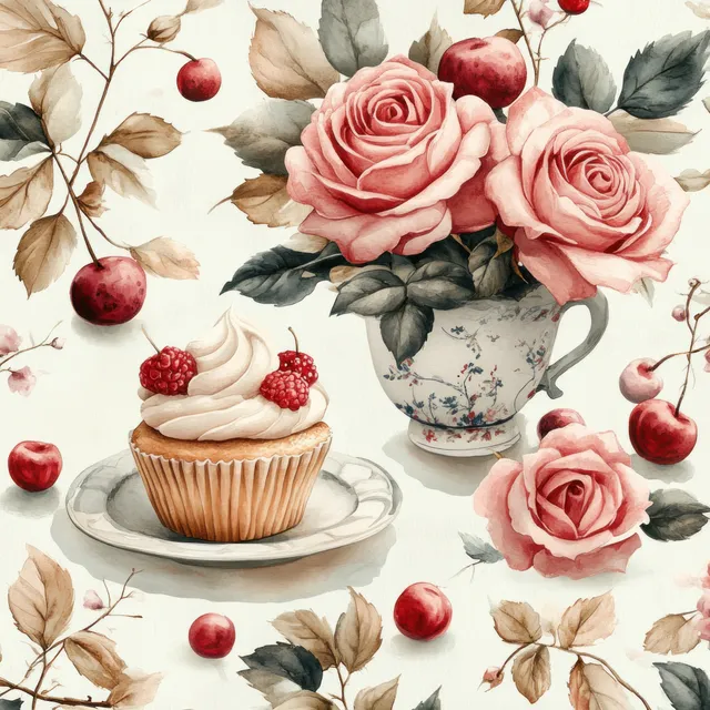 Watercolor seamless floral pattern with pink roses, a teacup and saucer, and a frosted cupcake with berries.