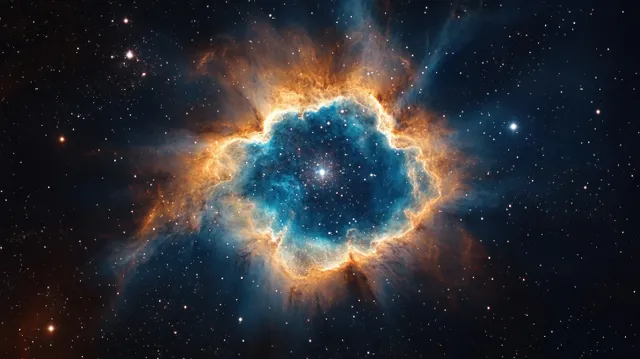 Vibrant blue and orange nebula glows in deep space surrounded by scattered stars.