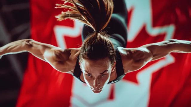 A female trampoline gymnast performs a mid-air flip with arms outstretched against a Canadian flag background.