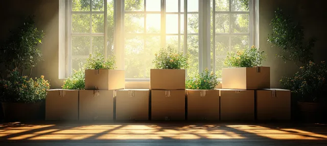 Stacked cardboard moving boxes in a sunlit apartment room with wooden floor and large window light.