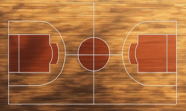 Minimalist overhead wooden basketball court diagram with white court lines and hoop circles