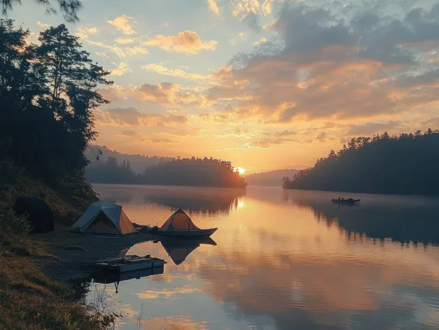 Sunrise over calm lake camp with tents and small boats along the shore