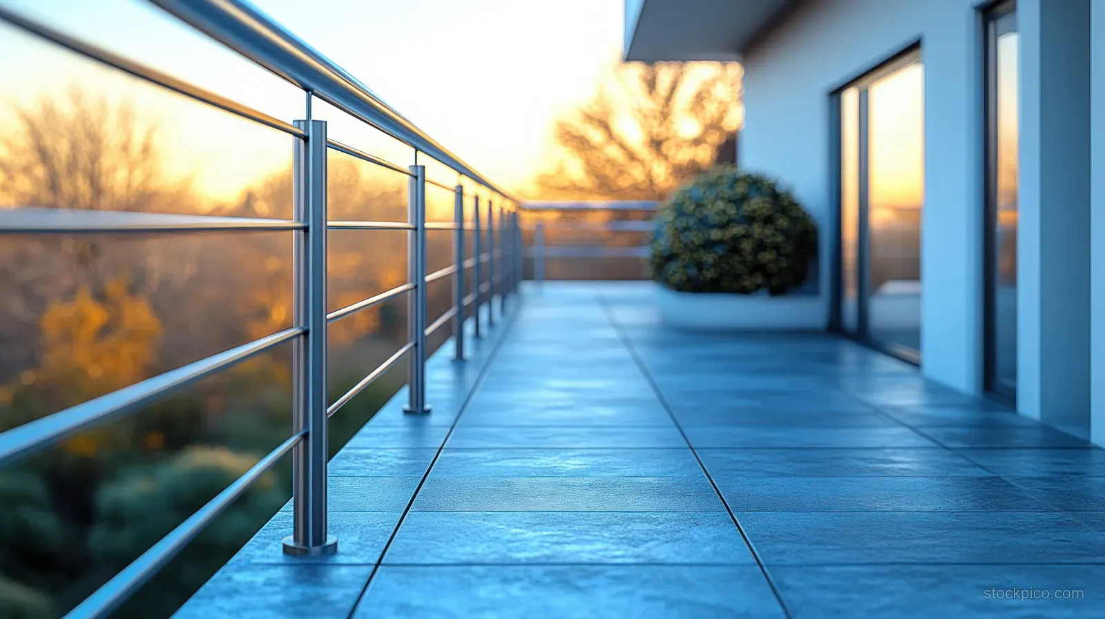 Steel guard rail fence posts line a roadside walkway, with warm sunset light reflecting on the metal.