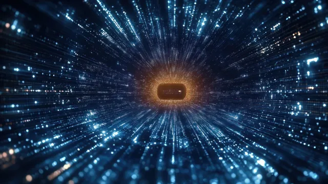 Glowing data tunnel with converging cyber network lines and floating light nodes toward a bright center.
