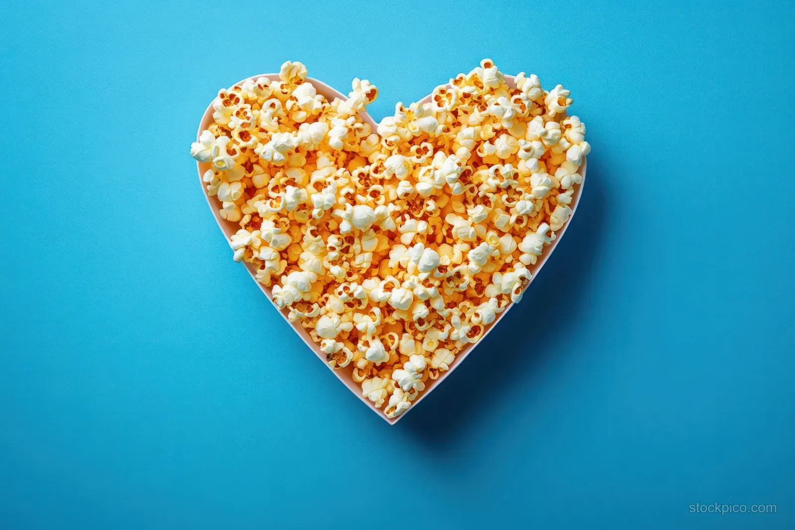 Heart-shaped bowl filled with freshly popped popcorn on a vibrant blue background.