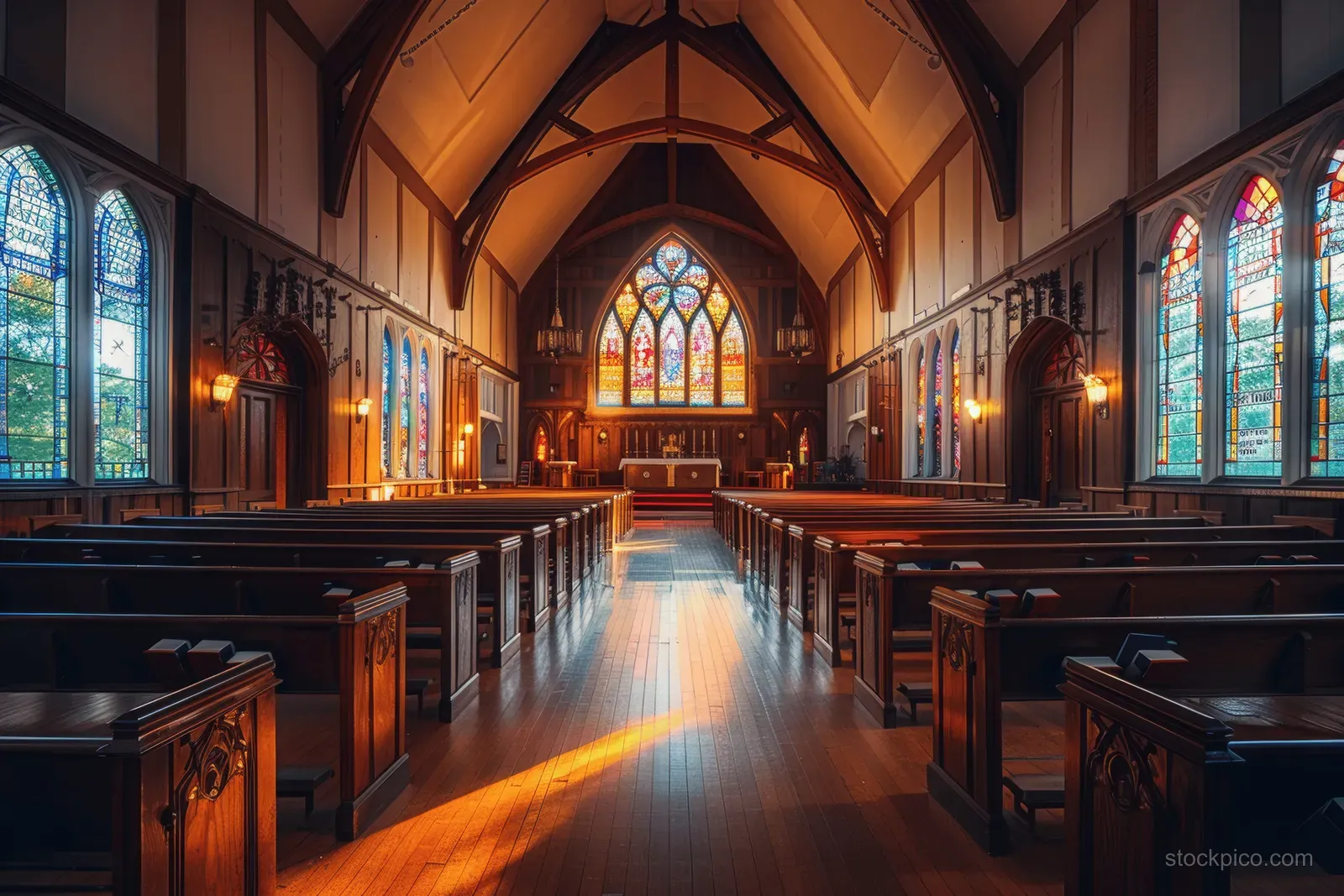 Sunlit wooden pews line the aisle of a vintage church interior with arched wooden beams and stained glass windows.