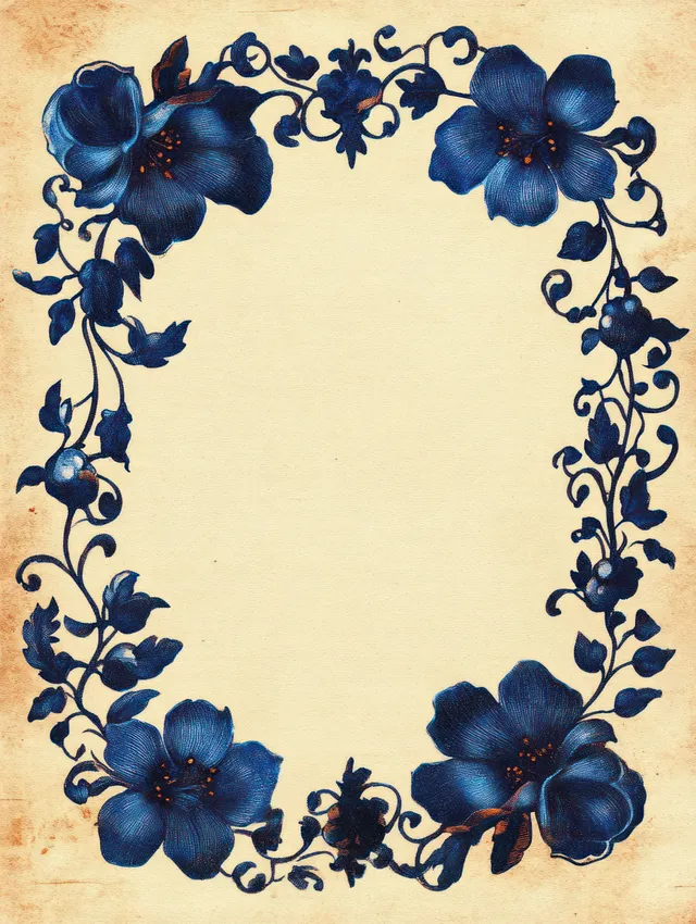 Elegant vintage blue floral frame with dark blossoms and curling vines on a textured beige background.