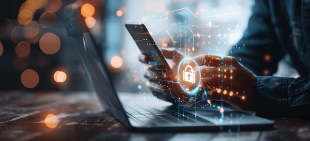 Business professional using laptop while viewing encrypted lock icons on floating interface