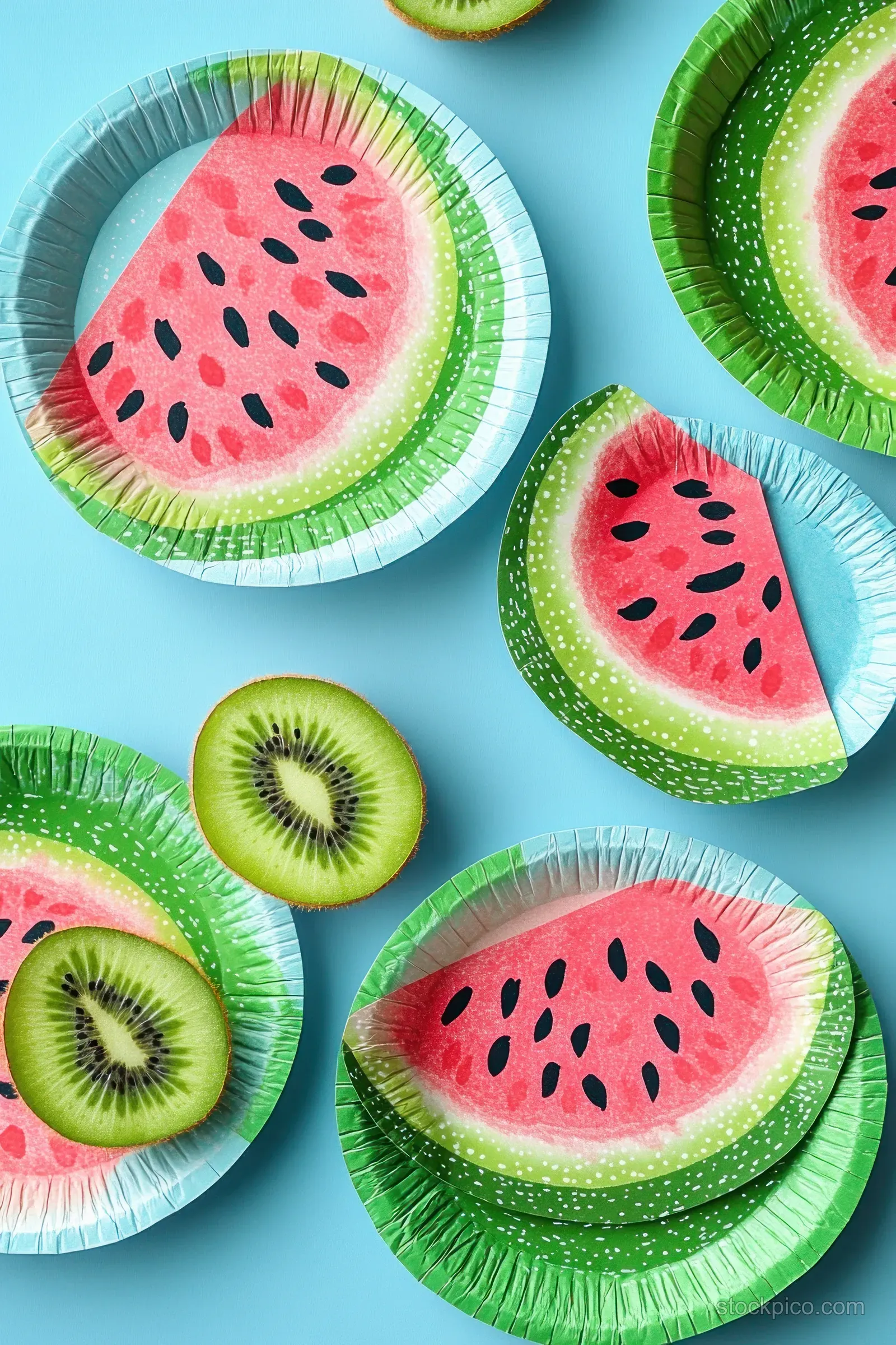 Paper plates cut into watermelon and kiwi slices arranged over a blue background.