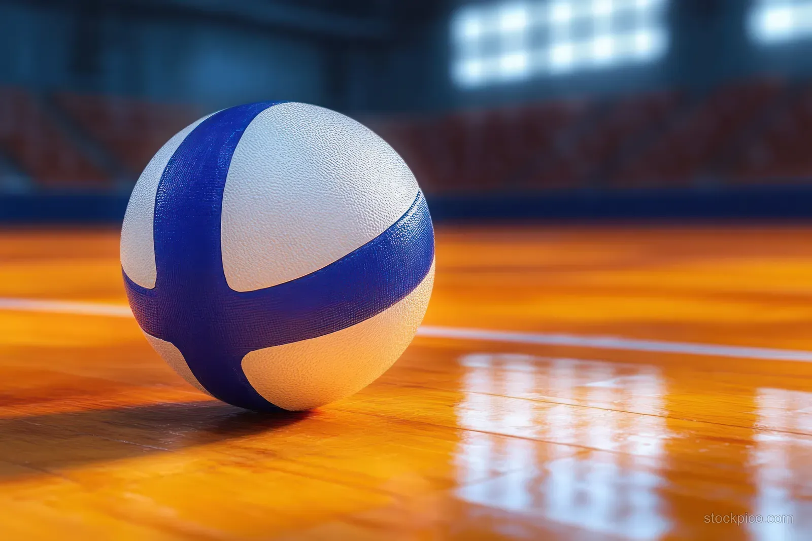 Blue and white volleyball rests on a polished wooden indoor court floor with blurred stadium seating behind it.