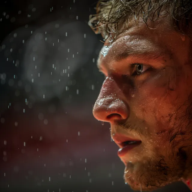 Georgian freestyle wrestler in intense face close-up on a competition mat, sweating