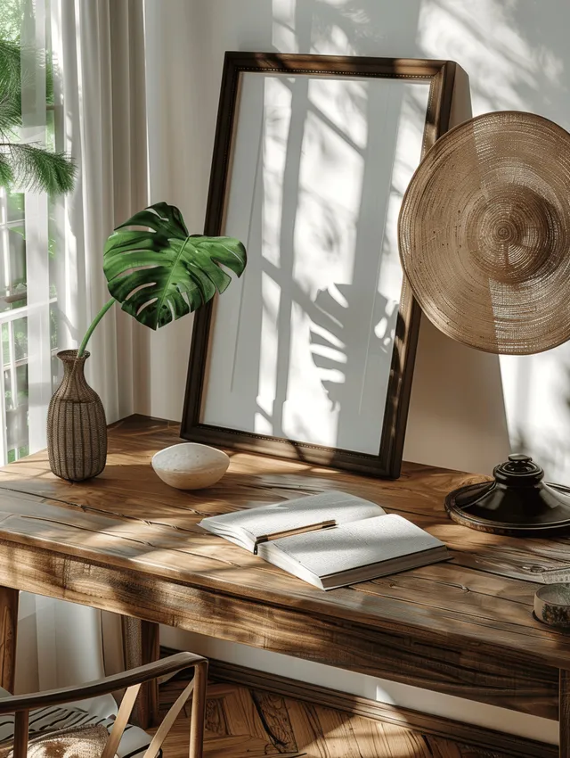 An A4 poster frame mockup stands on a wooden desk beside tropical plants in bright window light.