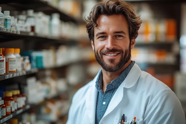 An older pharmacist in a white lab coat stands in a pharmacy aisle with medicine shelves behind.