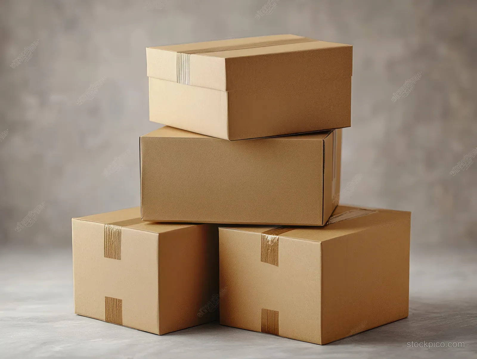 Closed brown cardboard boxes are stacked in a pyramid on a gray studio backdrop.