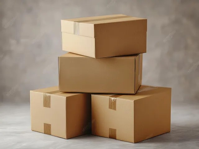 Stacked brown cardboard boxes on gray studio backdrop with visible kraft texture