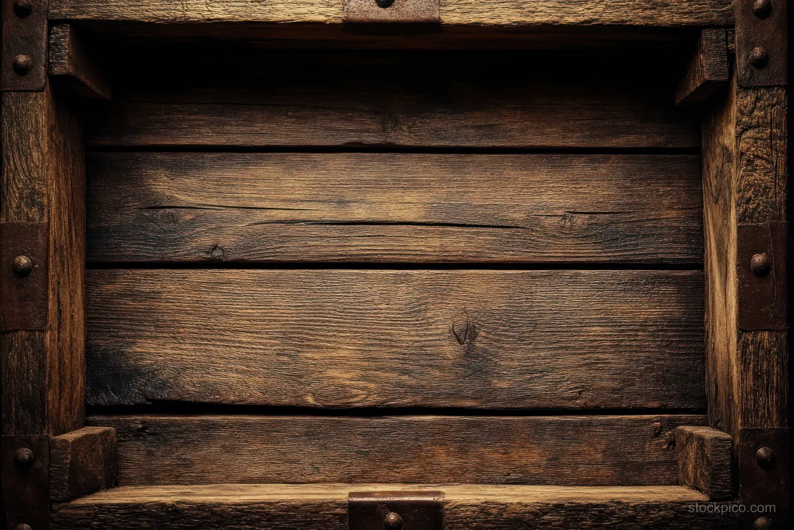 Weathered wooden planks sit inside a thick timber frame with metal bolts, showing deep grain and cracks.