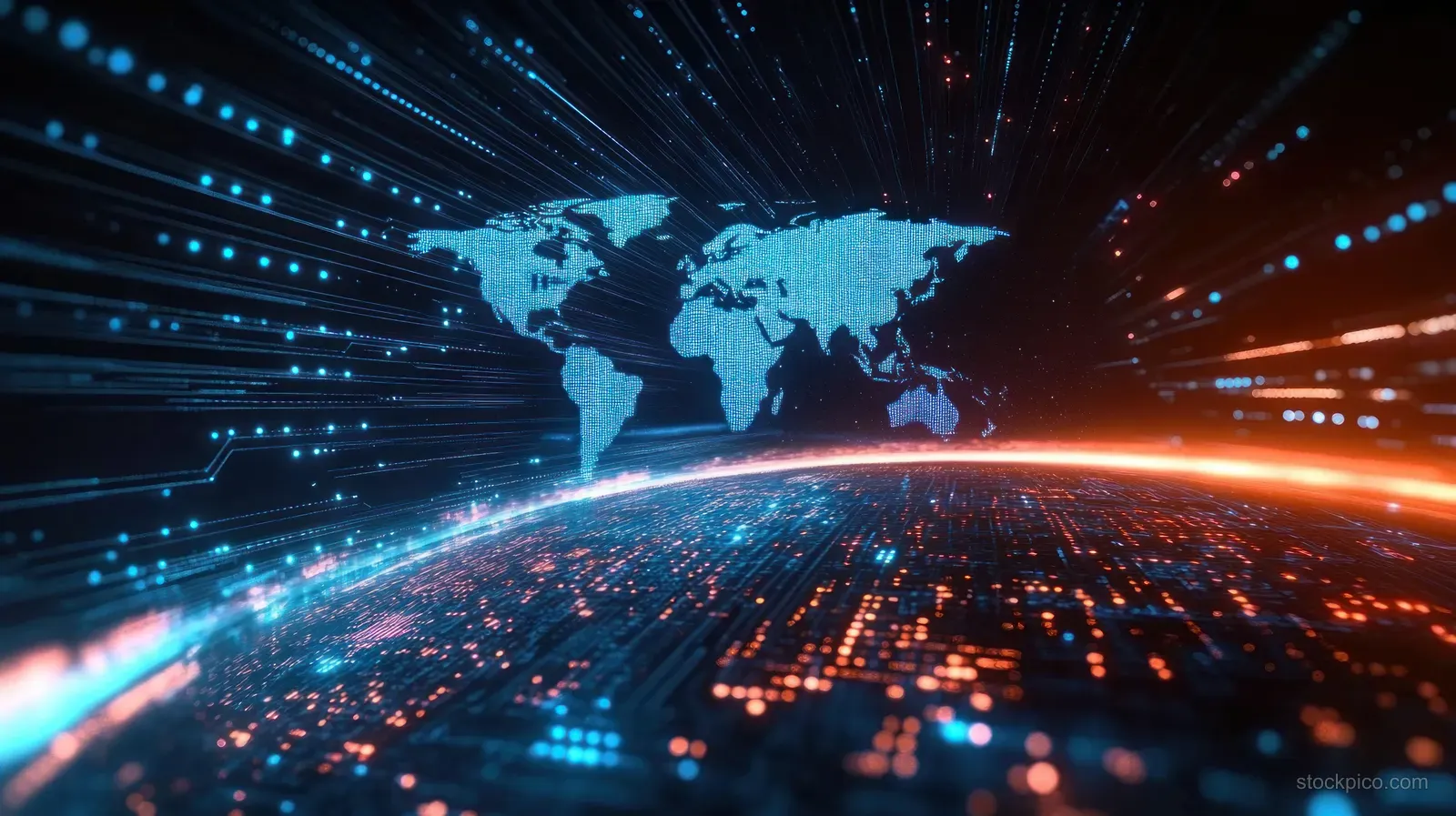 Cyberpunk digital globe projects neon binary data streams over a curved network horizon.
