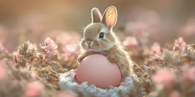 Fuzzy baby bunny hatching from pink Easter egg in blooming spring field