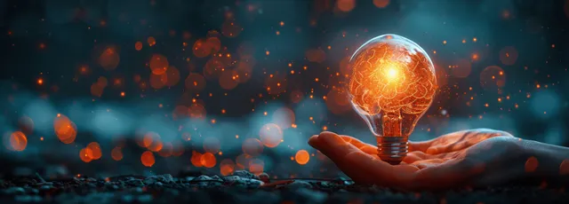 Businessman releasing glowing light bulb with AI brain circuits, sparks, and digital network