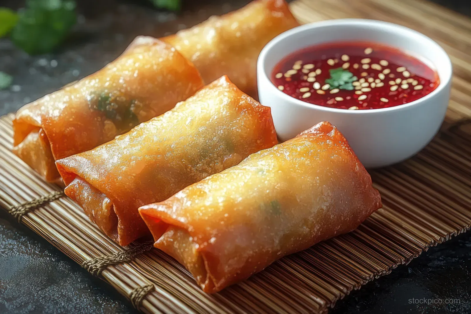 Three golden spring rolls on a bamboo mat beside a bowl of red dipping sauce topped with sesame seeds and cilantro.