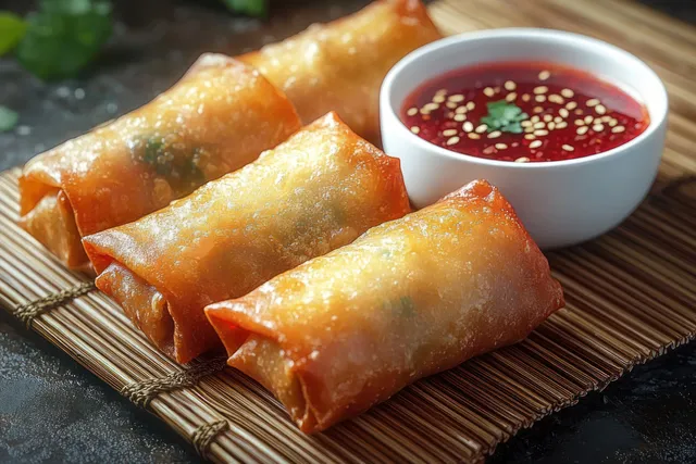 Three golden spring rolls on a bamboo mat beside a bowl of red dipping sauce topped with sesame seeds and cilantro.