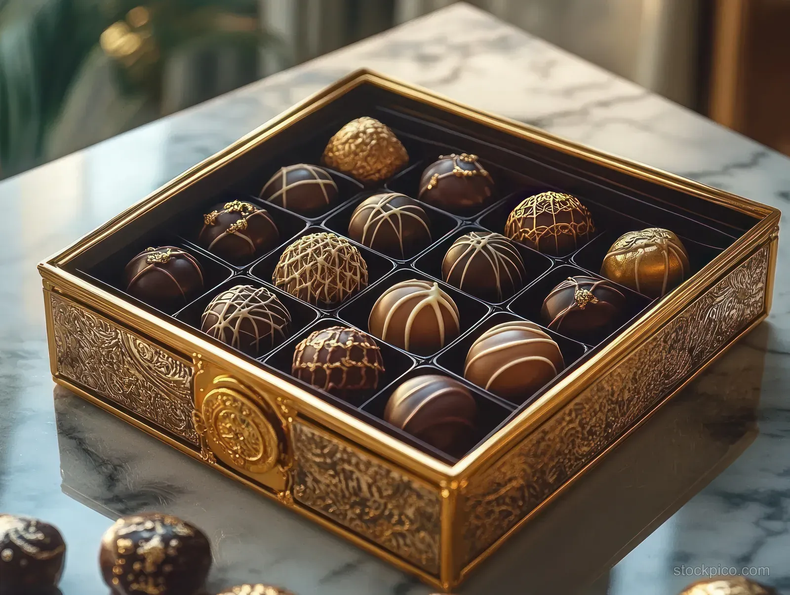 An open ornate golden box showing assorted patterned chocolates on a marble tabletop.