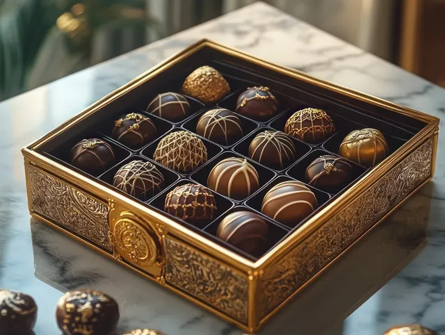 An open ornate golden box showing assorted patterned chocolates on a marble tabletop.