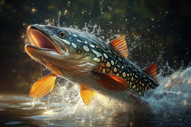 Colorful fish with orange fins leaps from water, creating splashes under sunset backlight.