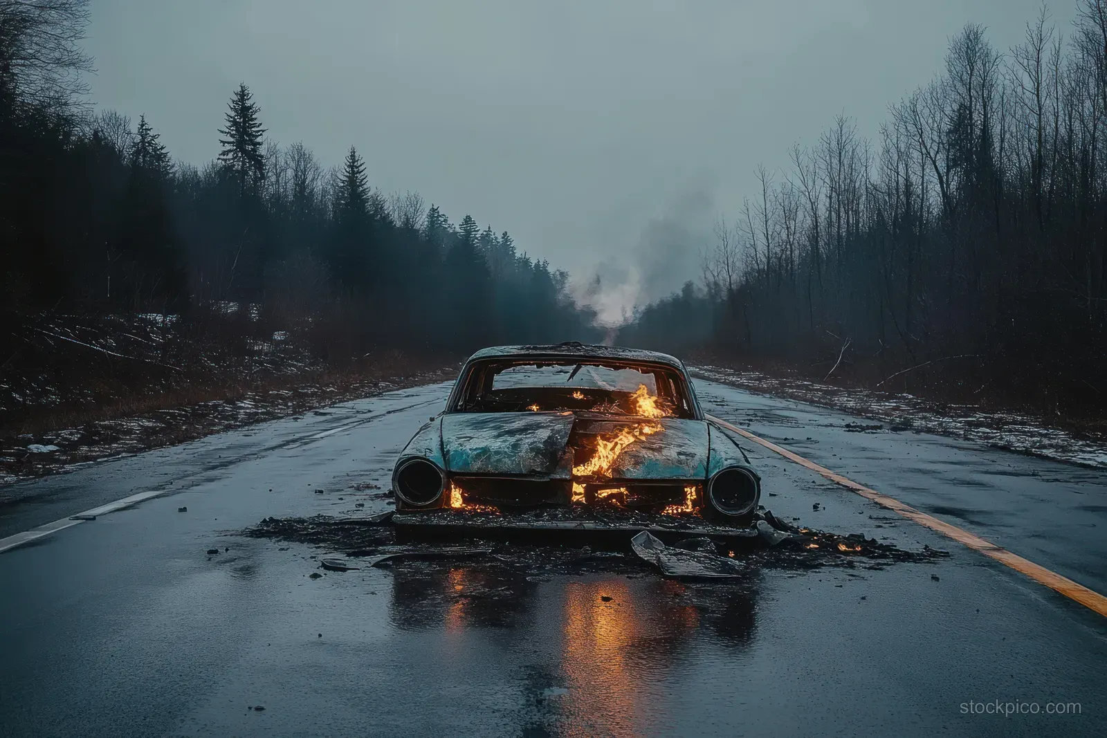 Flames engulf an abandoned car on a wet empty road through a leafless forest under an overcast sky.