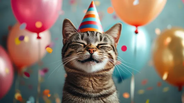 A tabby cat in a striped party hat sits among floating balloons and confetti indoors.