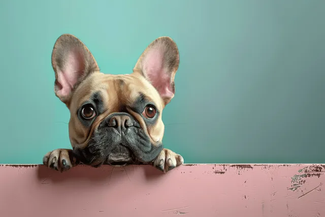 French bulldog puppy peeking over a chipped pink billboard edge with a teal background.
