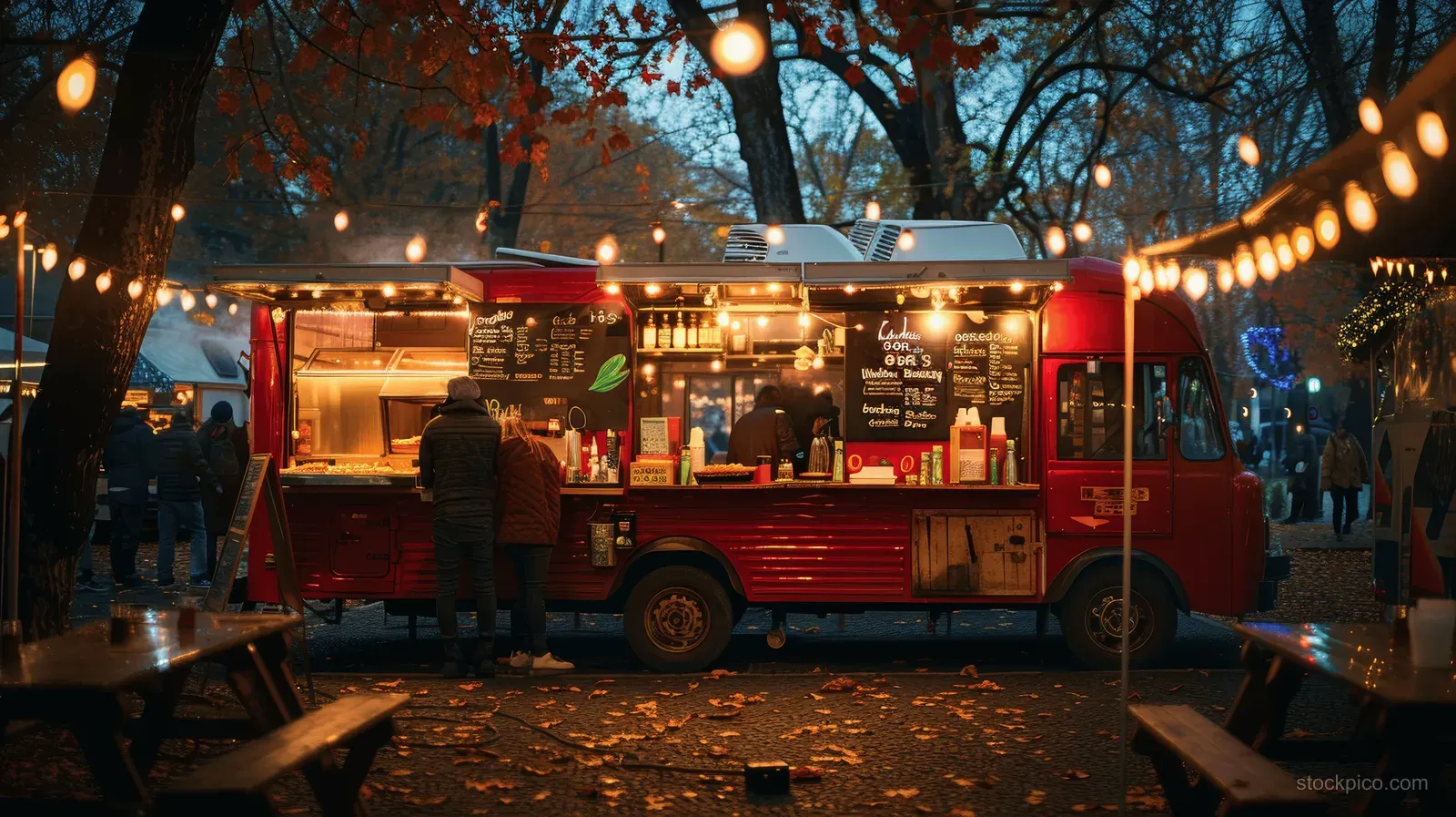 Food truck and mobile bar glow under string lights in an autumn night market with trees and people nearby.