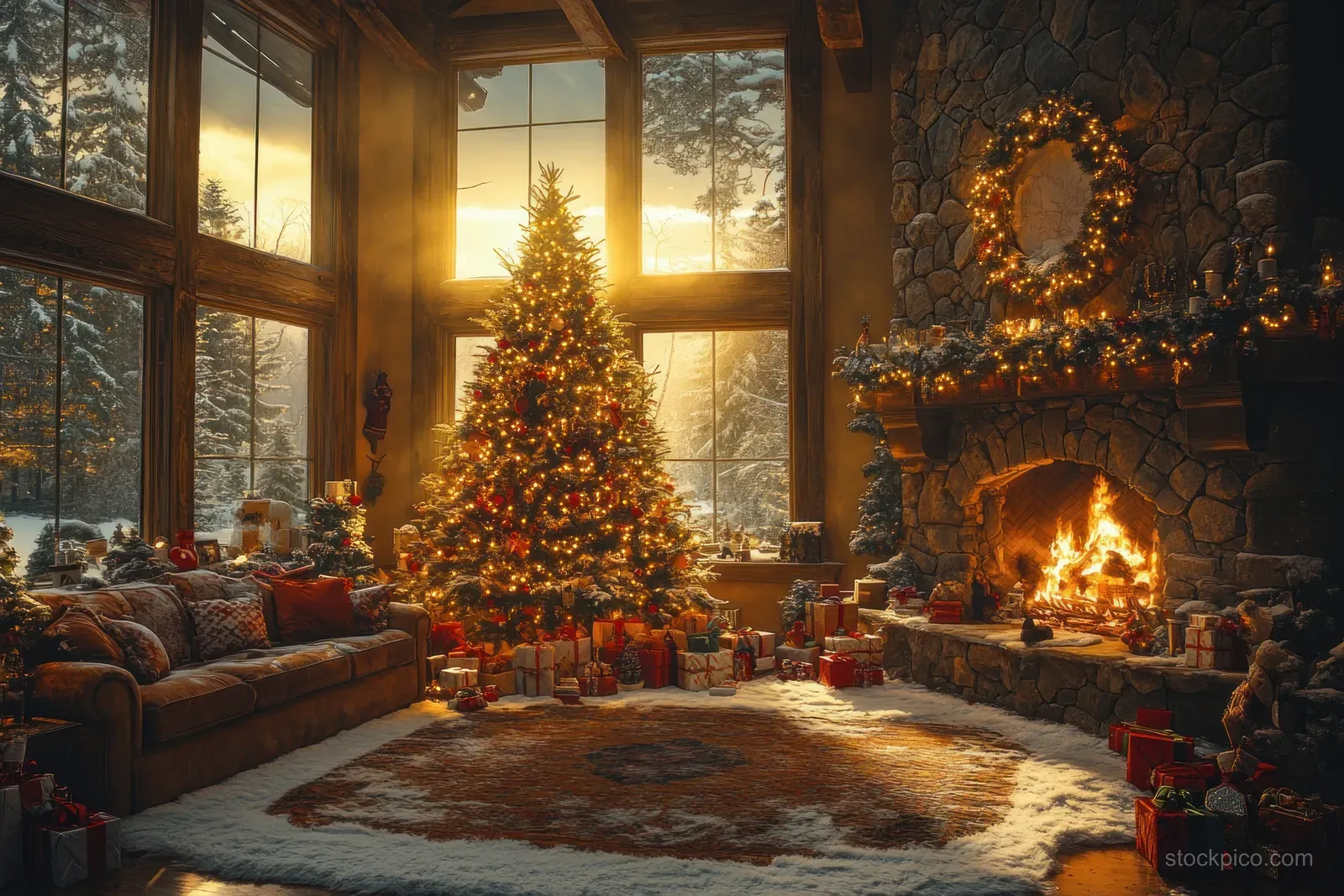 A decorated Christmas tree and wrapped gifts sit beside a glowing fireplace in a cozy living room during morning light.