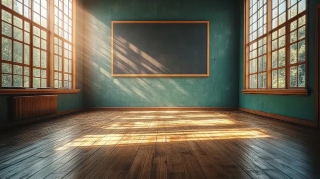 Empty classroom interior with a chalkboard, sunlit windows, and long shadows across a wooden floor.