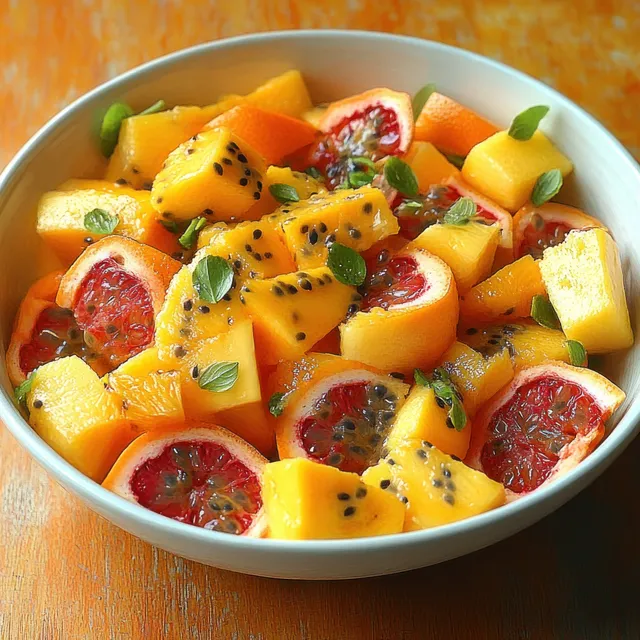 Tropical fruit salad bowl with mango chunks and passion fruit, mint garnish on wooden table