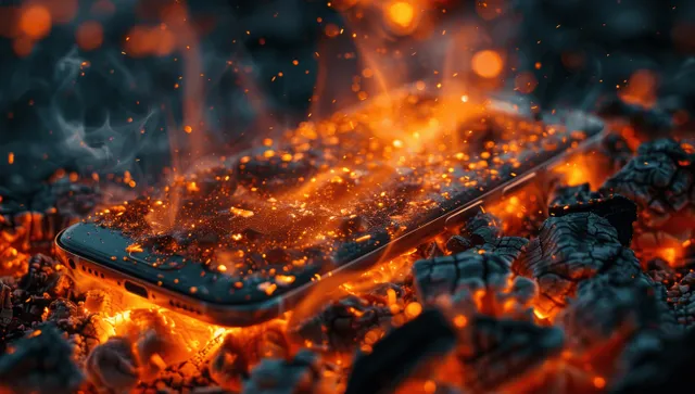 A cracked smartphone burns on glowing coals with flames, sparks, and smoke around it.