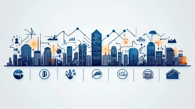 Abstract city skyline illustration with high-rise buildings linked by data lines and surrounding tech and infrastructure icons.