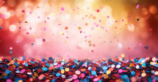 Colorful confetti pieces scattered on a surface with glowing bokeh lights in the background haze.