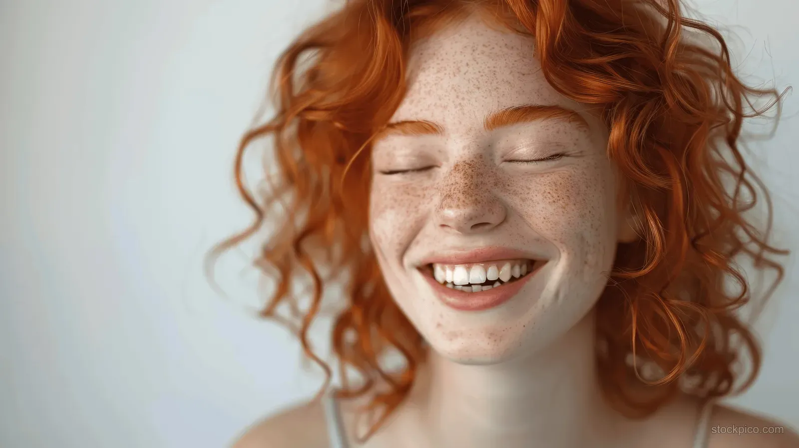 Smiling red-haired girl laughing with eyes closed in a close-up portrait against a white studio background.