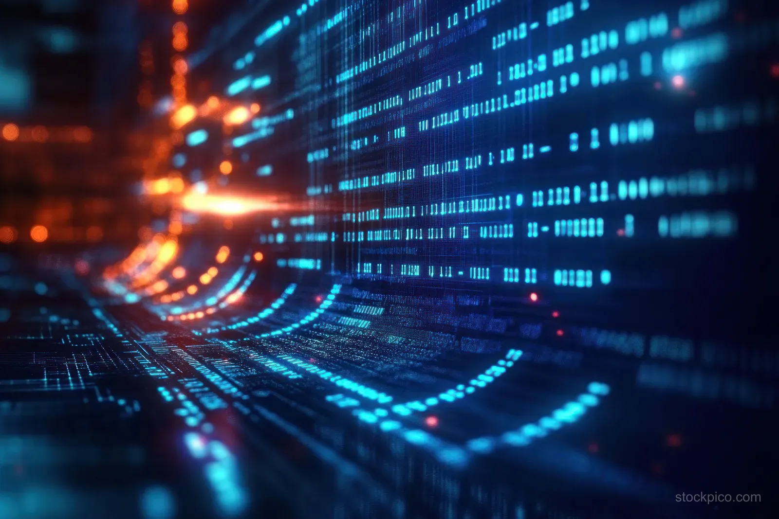 Glowing cyberpunk lines of code and numbers wrap across a dark digital interface screen like a data tunnel.