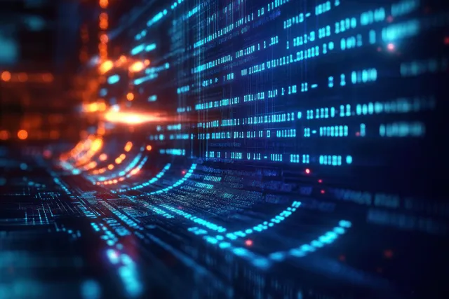 Glowing cyberpunk lines of code and numbers wrap across a dark digital interface screen like a data tunnel.