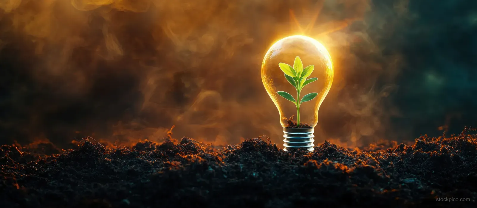 A glowing light bulb with a sprouting plant rises from dark soil amid smoky lights.