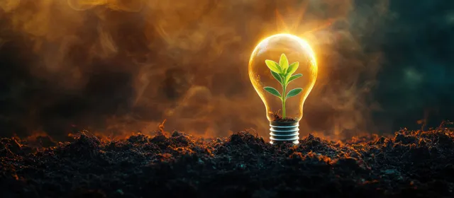 Eco light bulb sprouting a green plant above dark soil with glowing eco halo