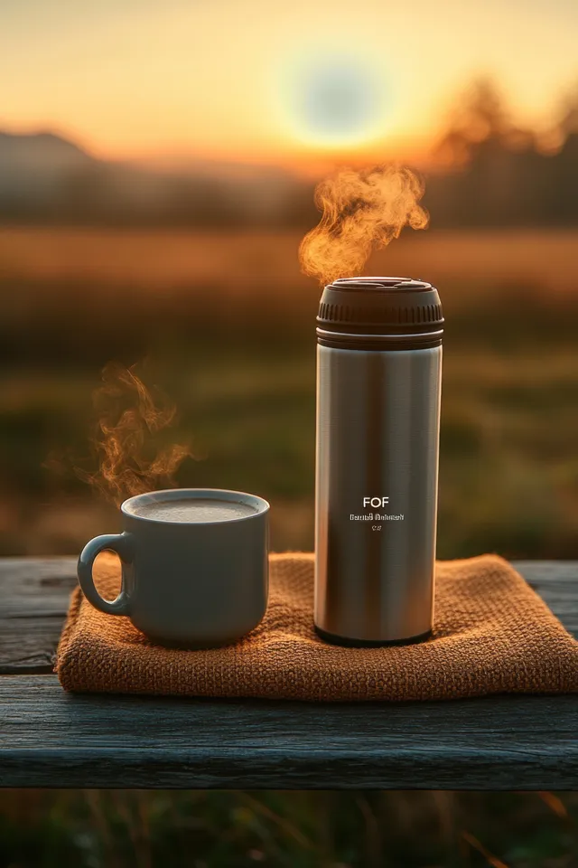 A steaming cup of hot drink sits beside a thermal flask on a blanket in a sunlit field at sunrise.