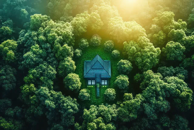 A solitary house with a dark blue roof is surrounded by dense green trees under soft sunrise light.